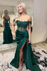 Satin Sheath Off-the-Shoulder Long Prom Dresses With Lace Appliques